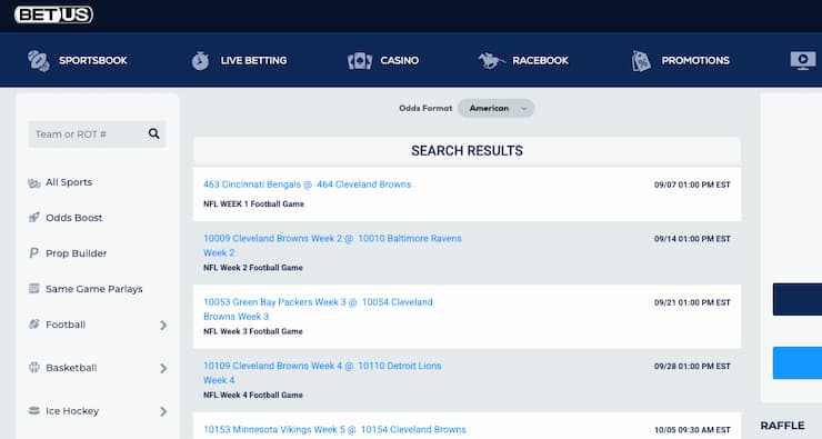 A view of the betting interface on BetUS, one of the best OH online sportsbooks.
